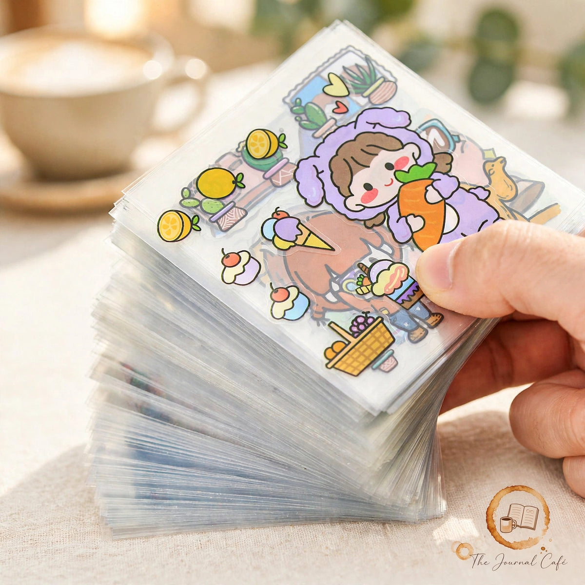 PET journal stickers — product photo 9 styled on a cream café table, The Journal Café