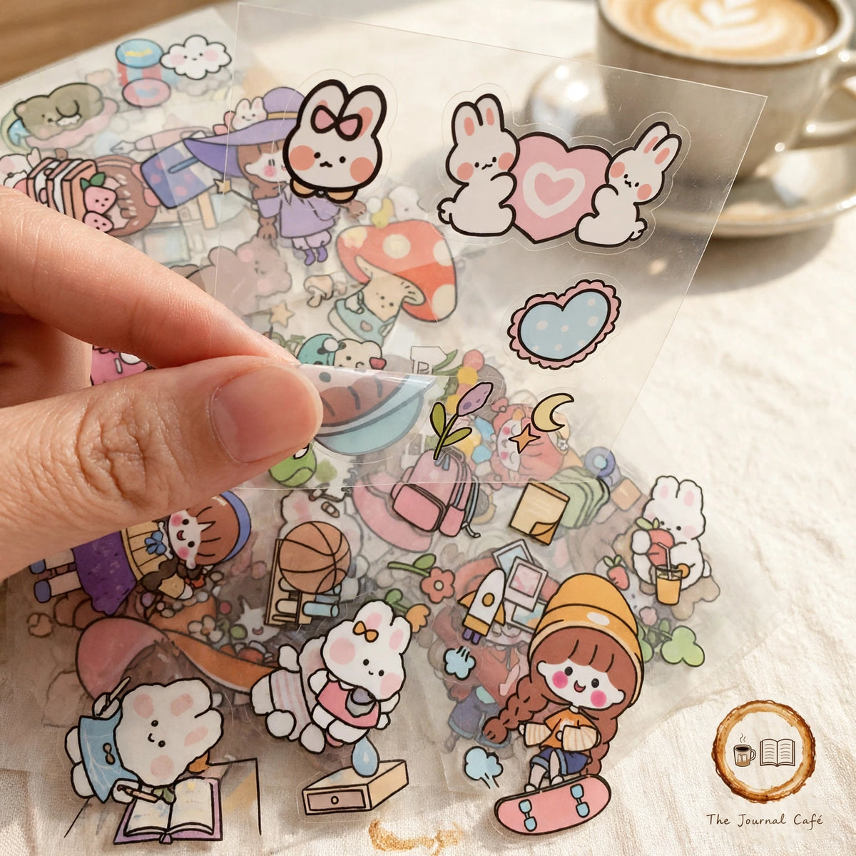 PET journal stickers — product photo 10 styled on a cream café table, The Journal Café