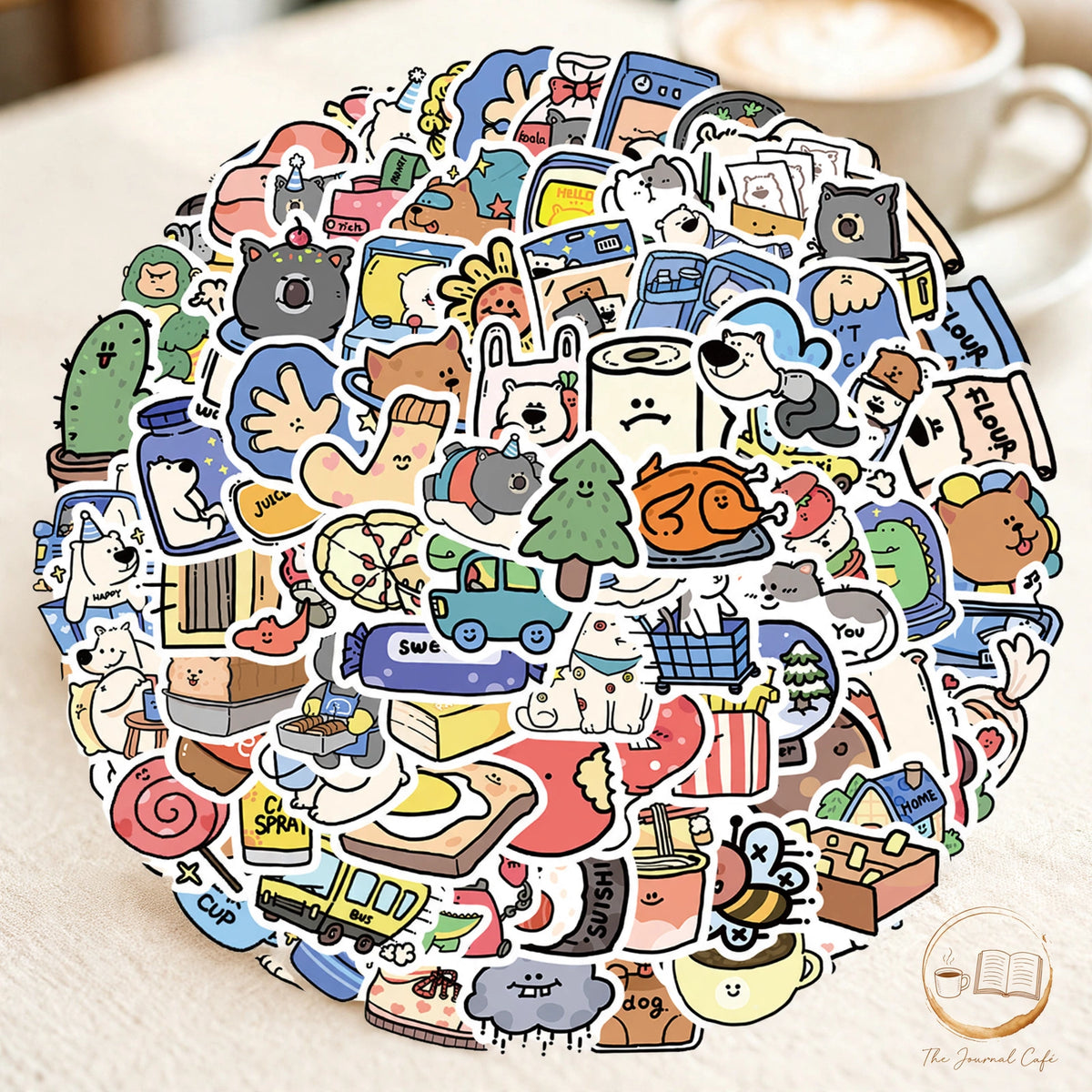 Cartoon animal hotel stickers — product photo 7 styled on a cream café table, The Journal Café