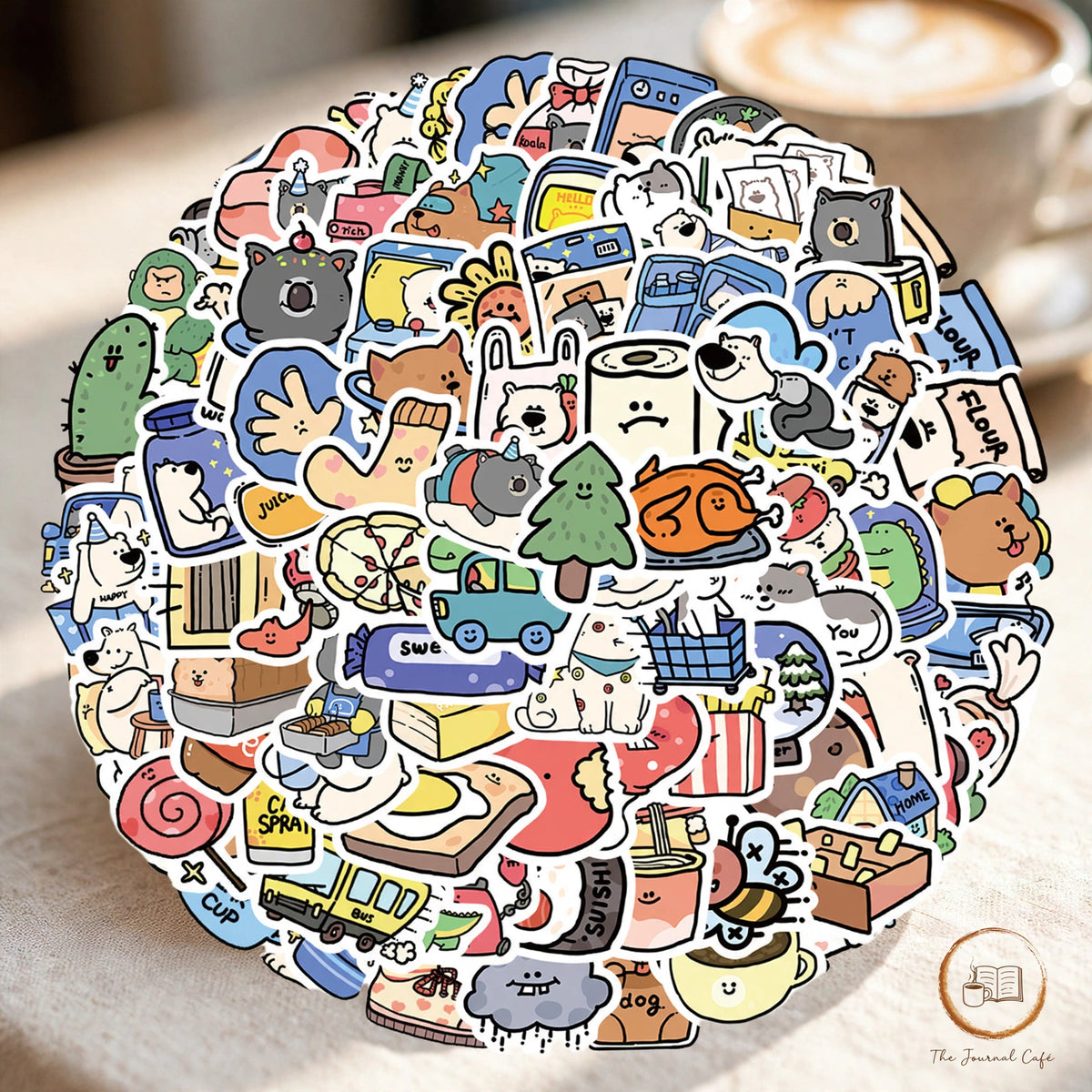 Cartoon animal hotel stickers — product photo 9 styled on a cream café table, The Journal Café
