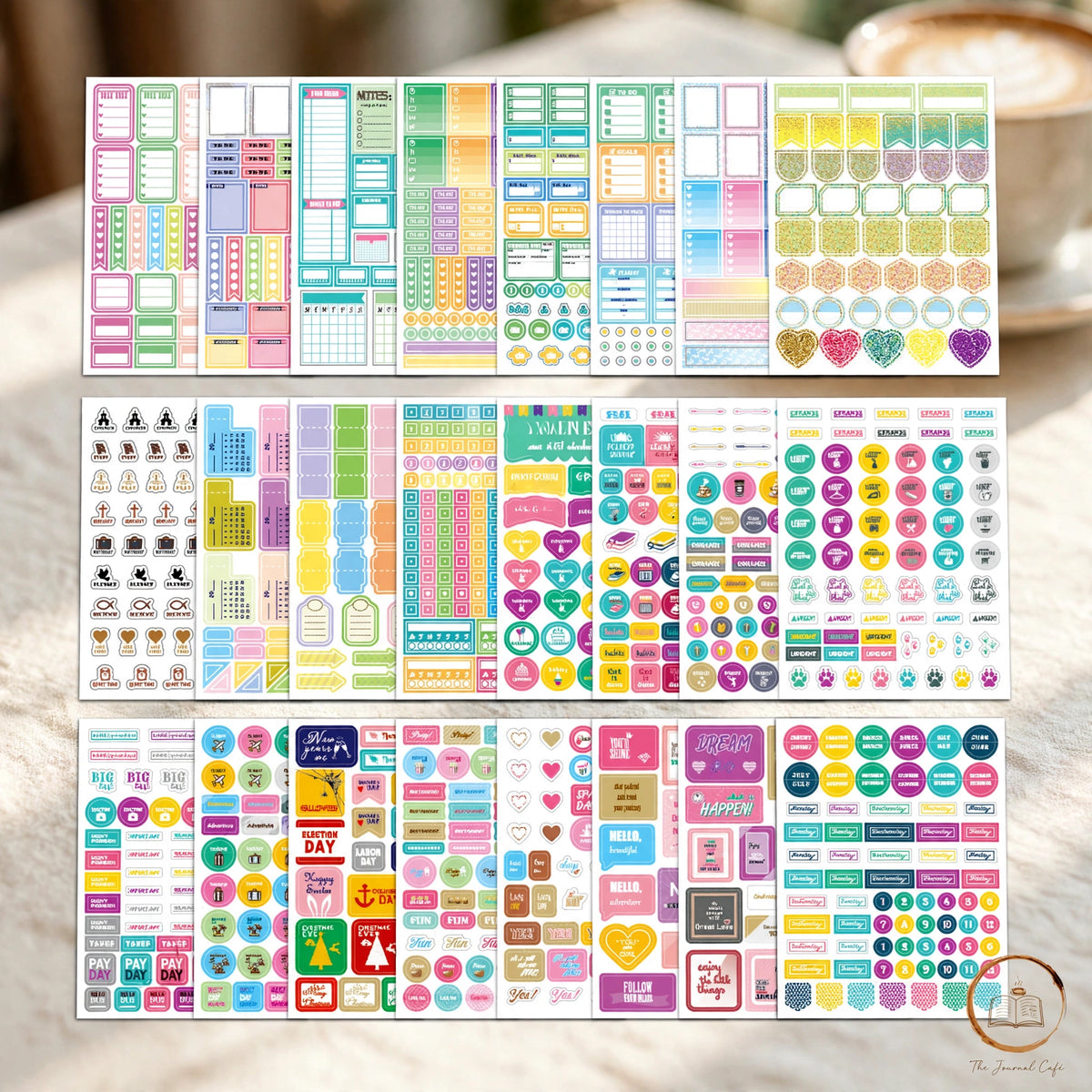 Seasonal monthly planner stickers — product photo 2 styled on a cream café table, The Journal Café