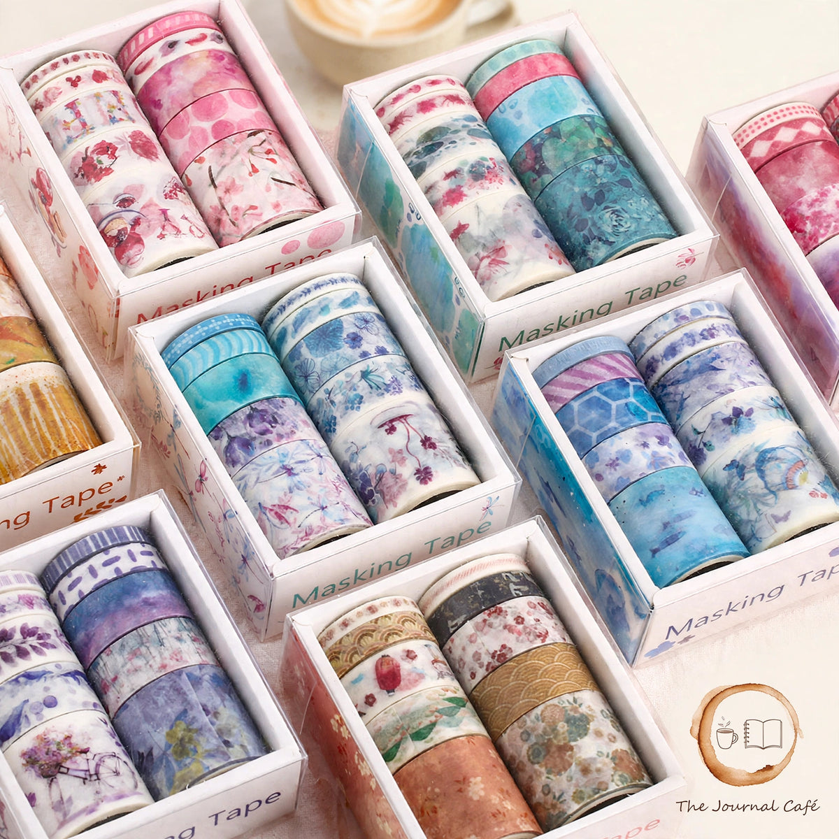 Slim washi tape set — product photo 2 styled on a cream café table, The Journal Café