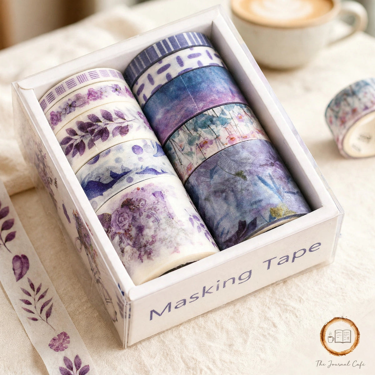 Slim washi tape set — product photo 3 styled on a cream café table, The Journal Café
