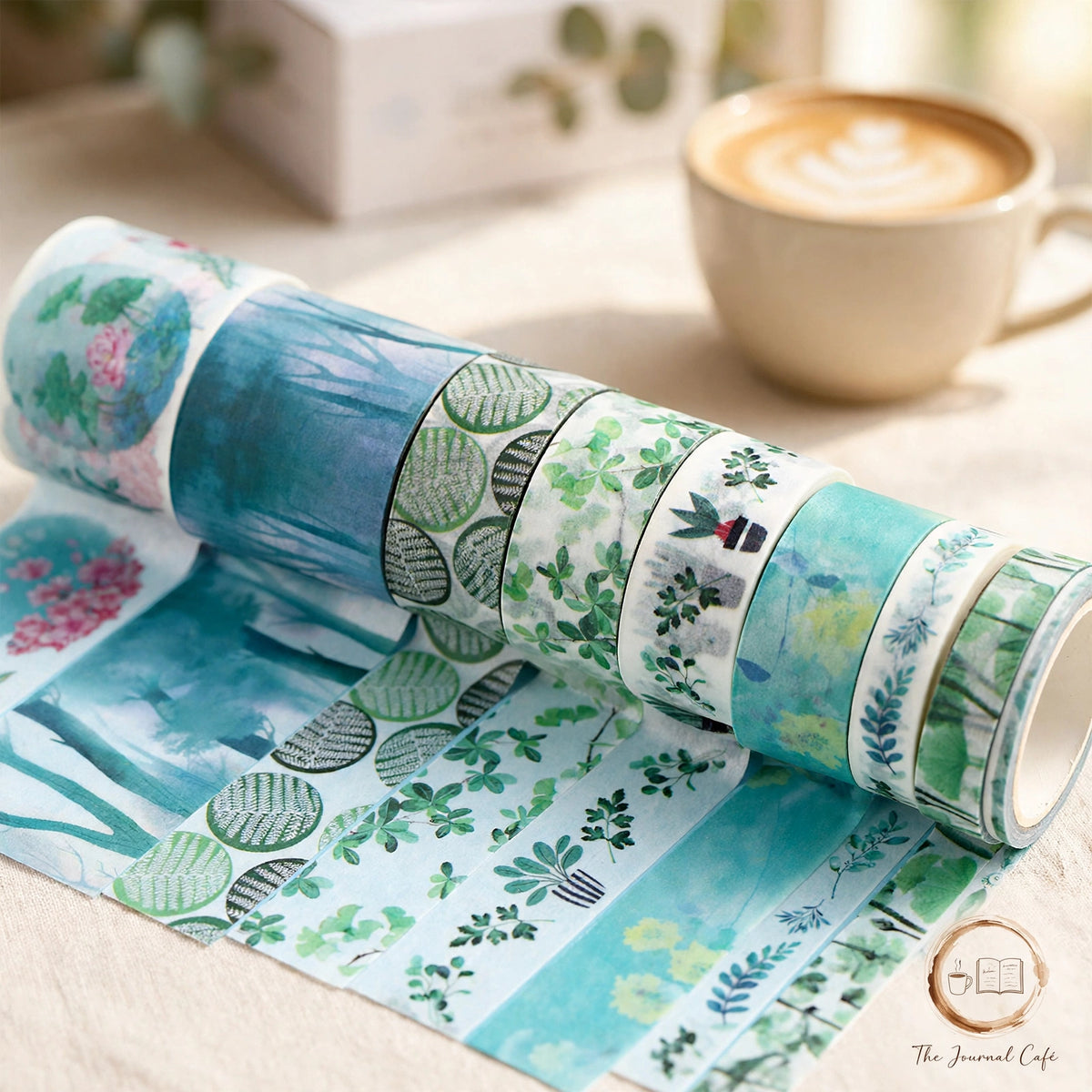 Slim washi tape set — product photo 5 styled on a cream café table, The Journal Café