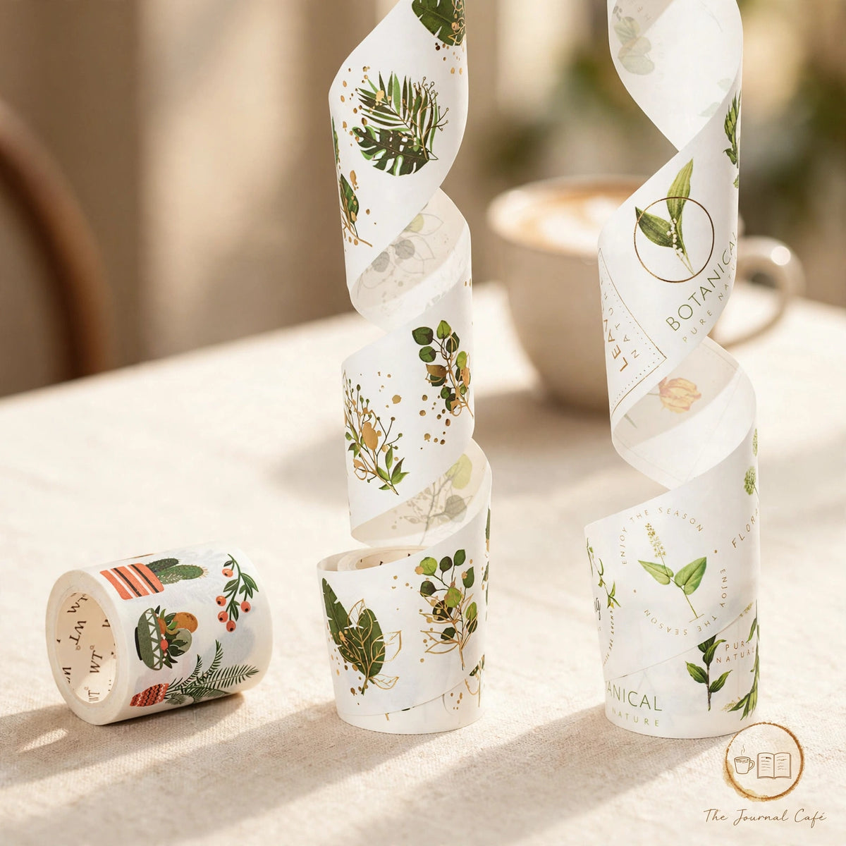 Golden Shadow die-cut washi tape — product photo 2 styled on a cream café table, The Journal Café