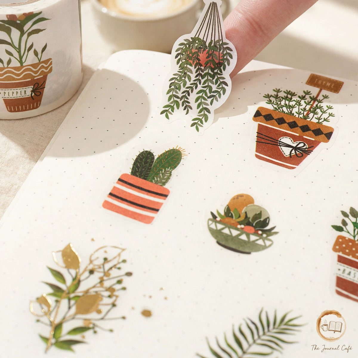 Golden Shadow die-cut washi tape — product photo 4 styled on a cream café table, The Journal Café