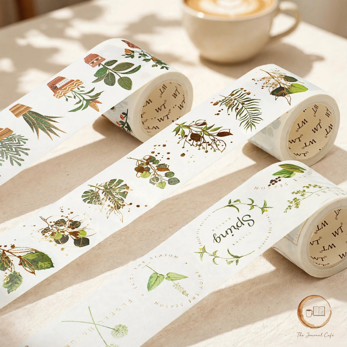 Golden Shadow die-cut washi tape — product photo 5 styled on a cream café table, The Journal Café