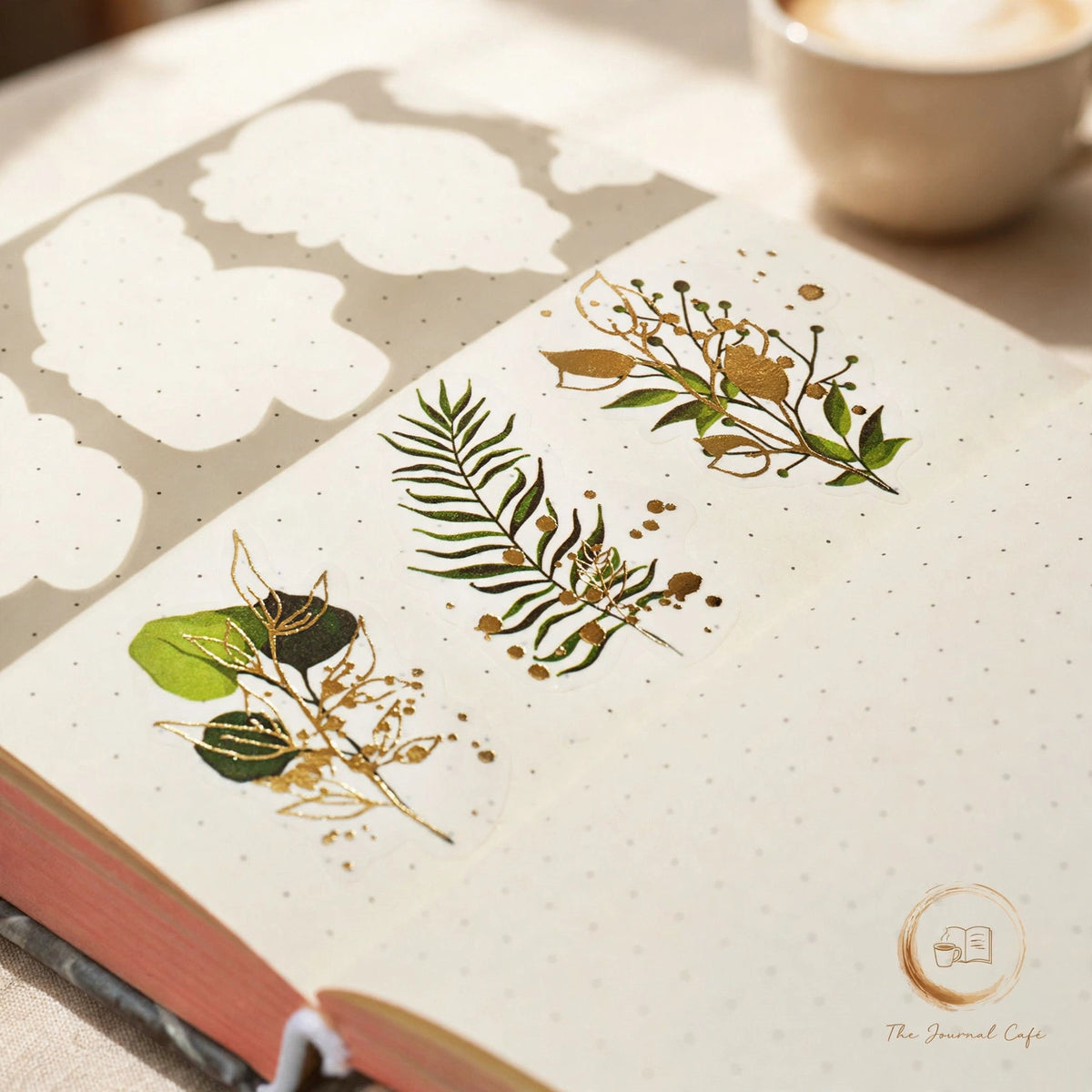 Golden Shadow die-cut washi tape — product photo 6 styled on a cream café table, The Journal Café