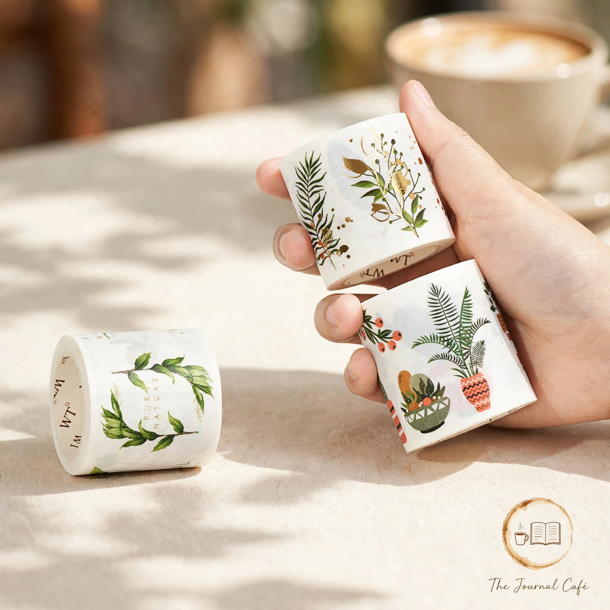 Golden Shadow die-cut washi tape — product photo 7 styled on a cream café table, The Journal Café