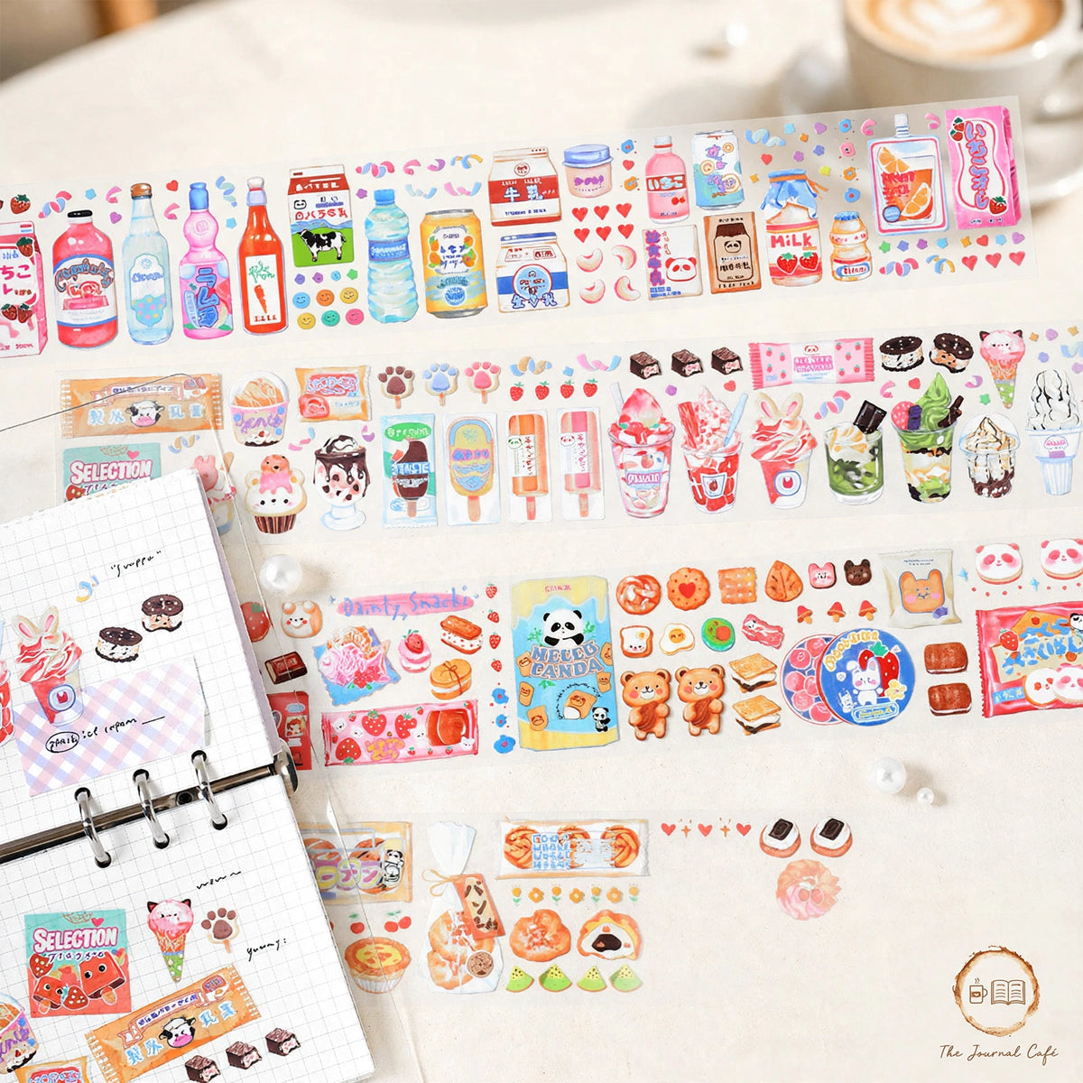 Sweet Store PET tape — product photo 2 styled on a cream café table, The Journal Café