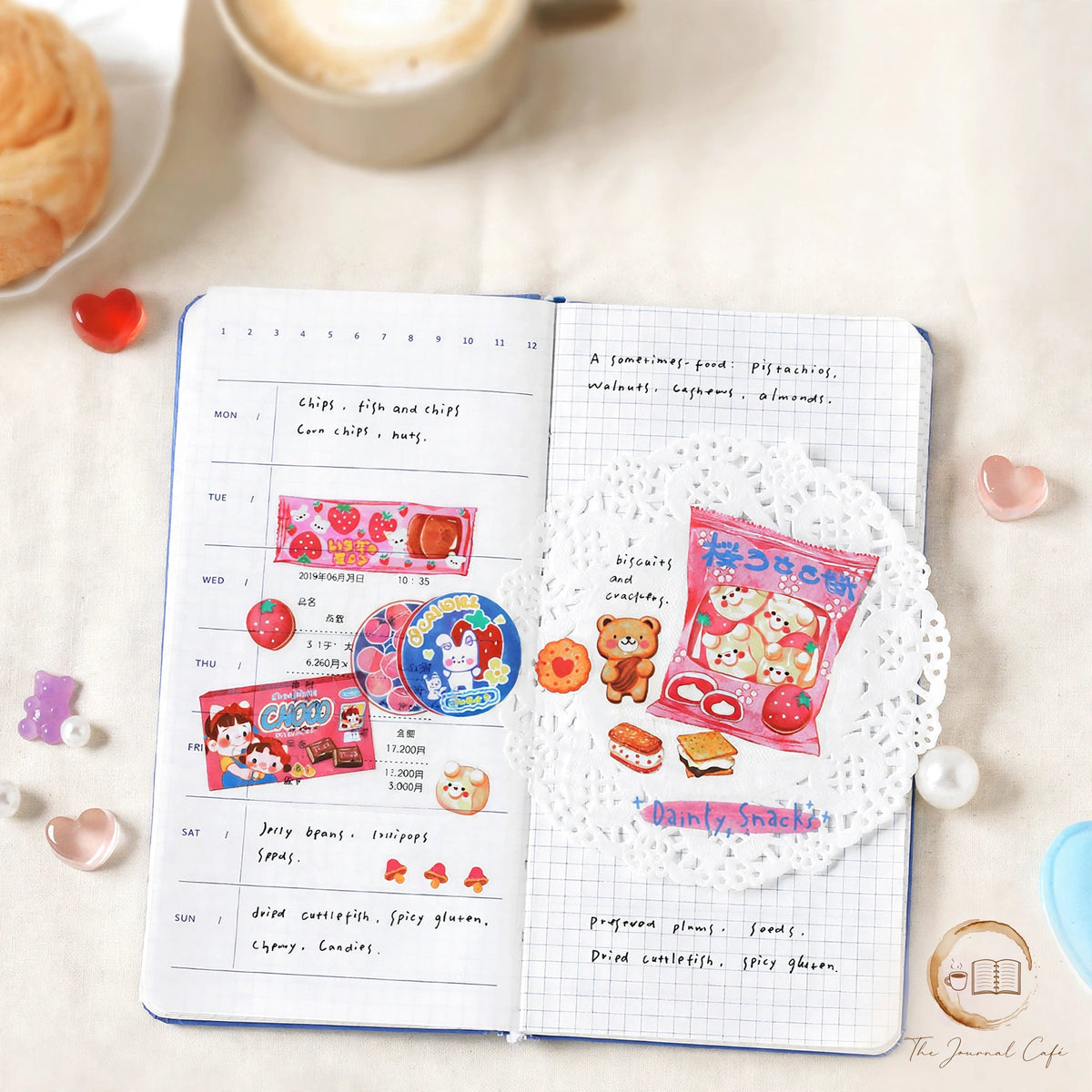 Sweet Store PET tape — product photo 4 styled on a cream café table, The Journal Café