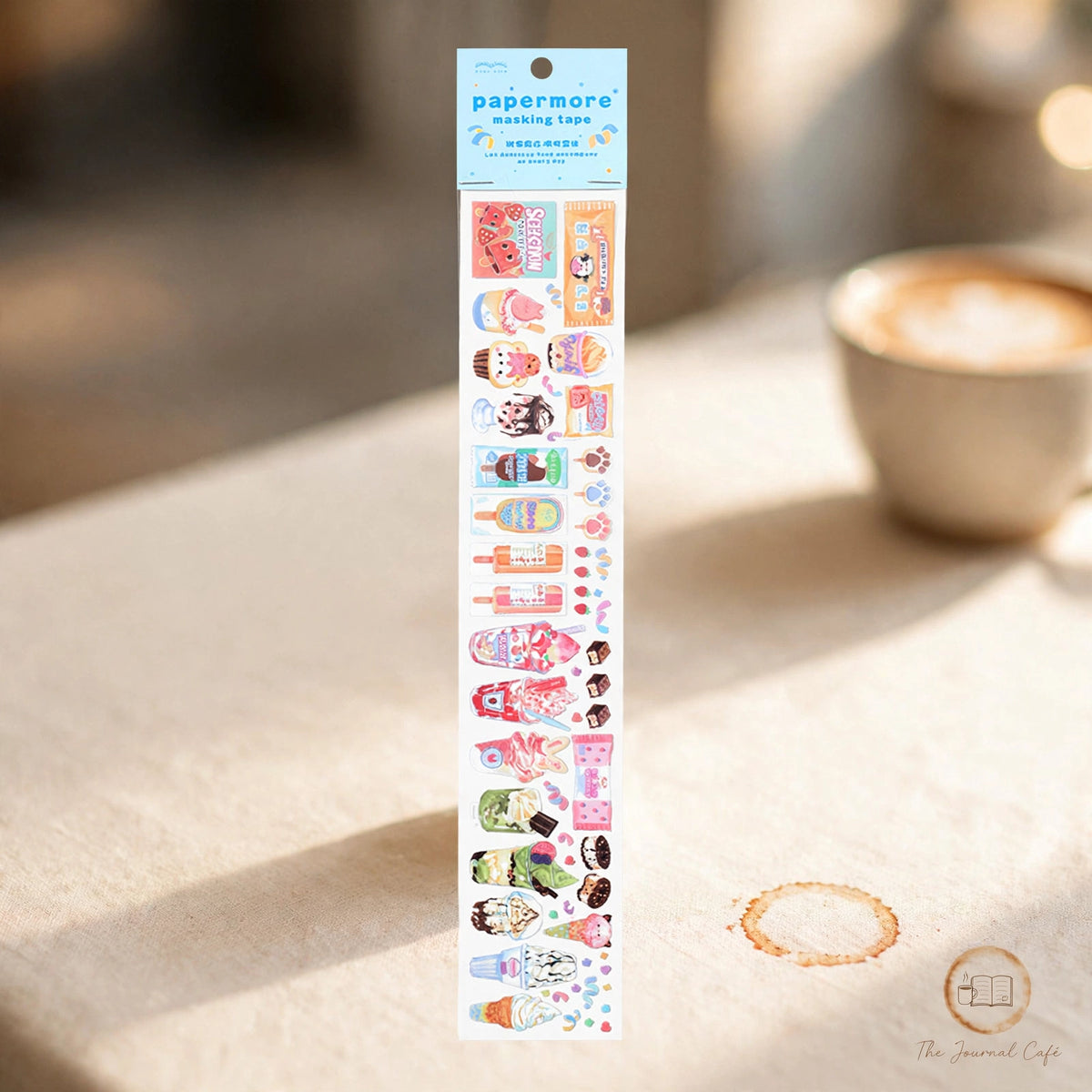 Sweet Store PET tape — product photo 6 styled on a cream café table, The Journal Café