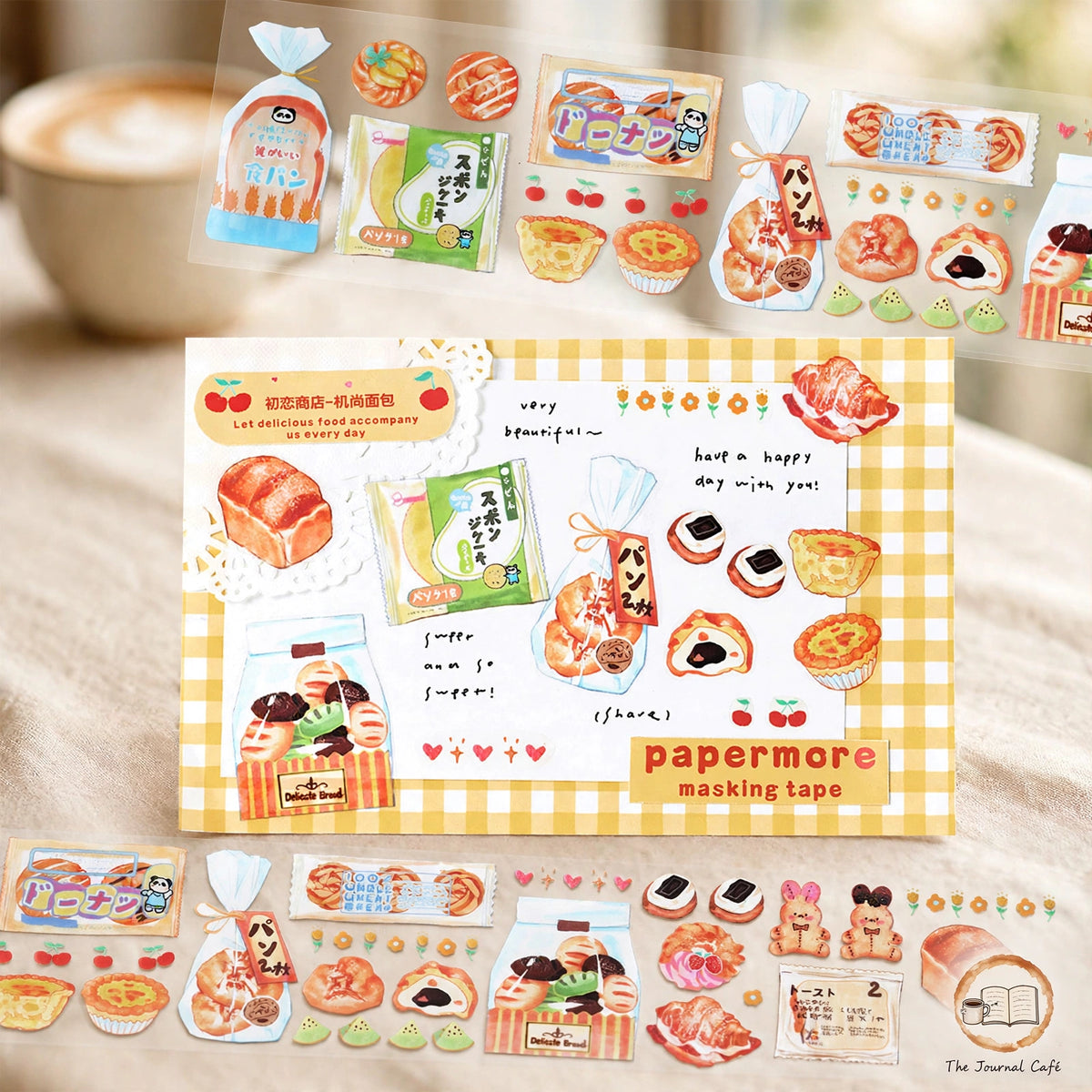 Sweet Store PET tape — product photo 7 styled on a cream café table, The Journal Café