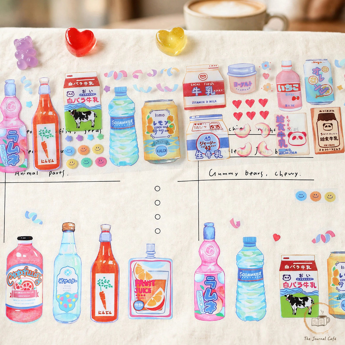 Sweet Store PET tape — product photo 8 styled on a cream café table, The Journal Café