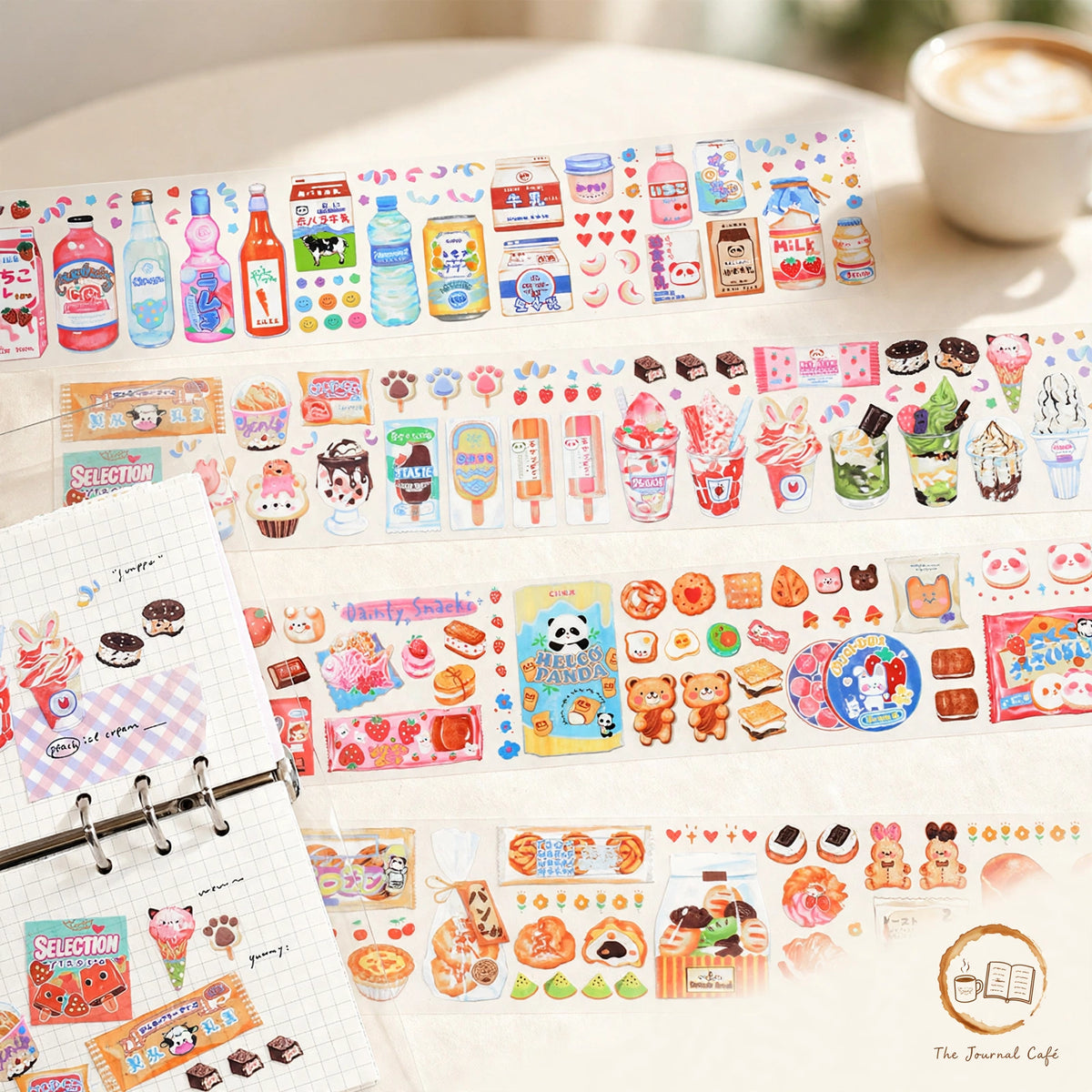Sweet Store PET tape — product photo 9 styled on a cream café table, The Journal Café