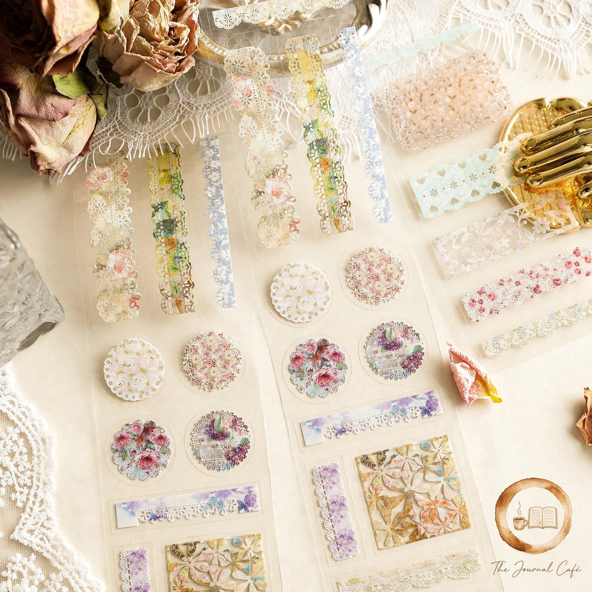 Lace PET journal tape — product photo 11 styled on a cream café table, The Journal Café