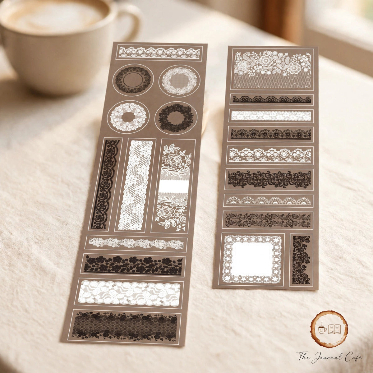 Lace PET journal tape — product photo 3 styled on a cream café table, The Journal Café