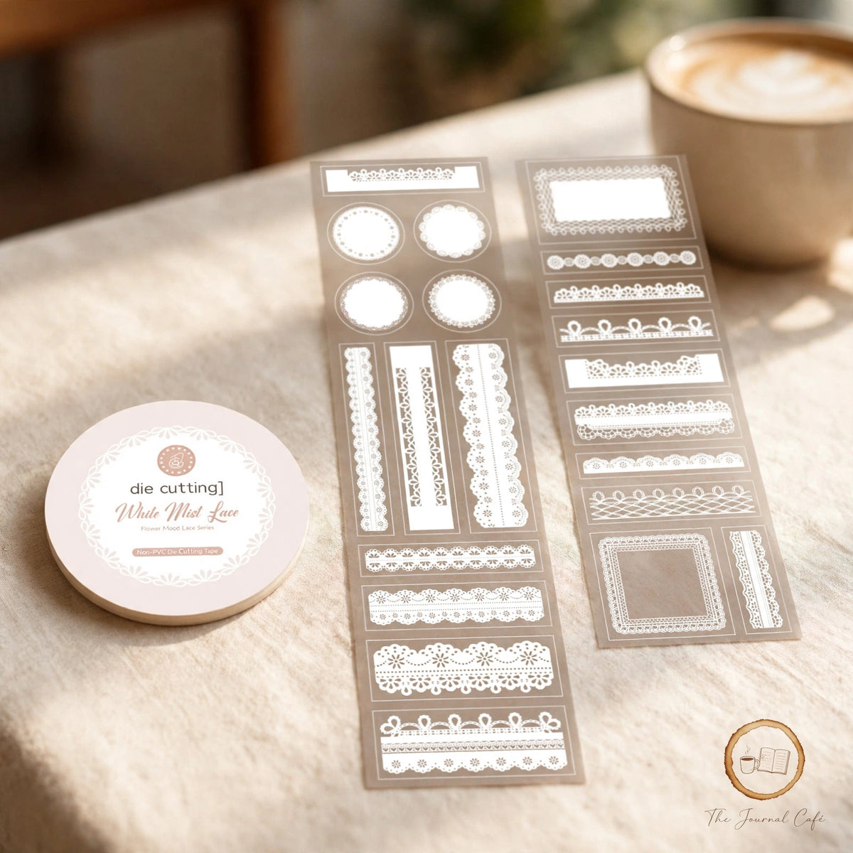 Lace PET journal tape — product photo 5 styled on a cream café table, The Journal Café