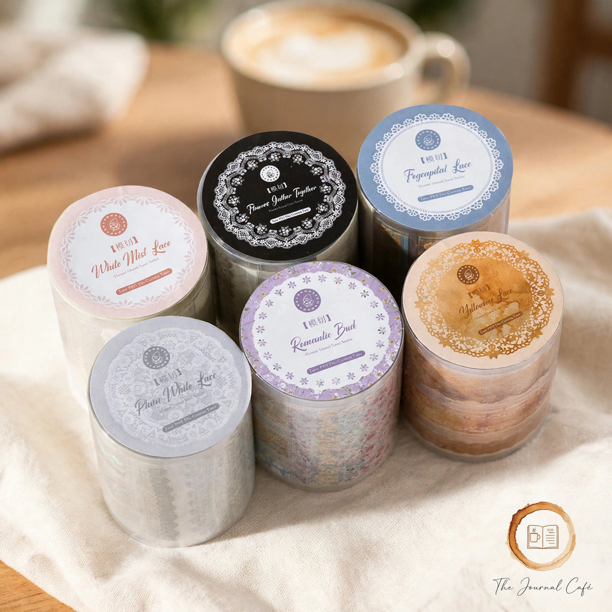 Lace PET journal tape — product photo 6 styled on a cream café table, The Journal Café