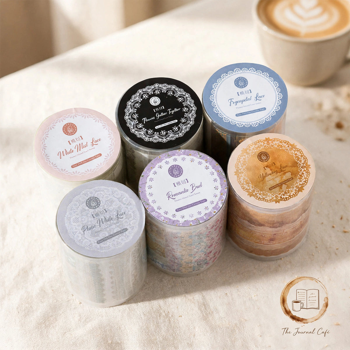 Lace PET journal tape — product photo 8 styled on a cream café table, The Journal Café