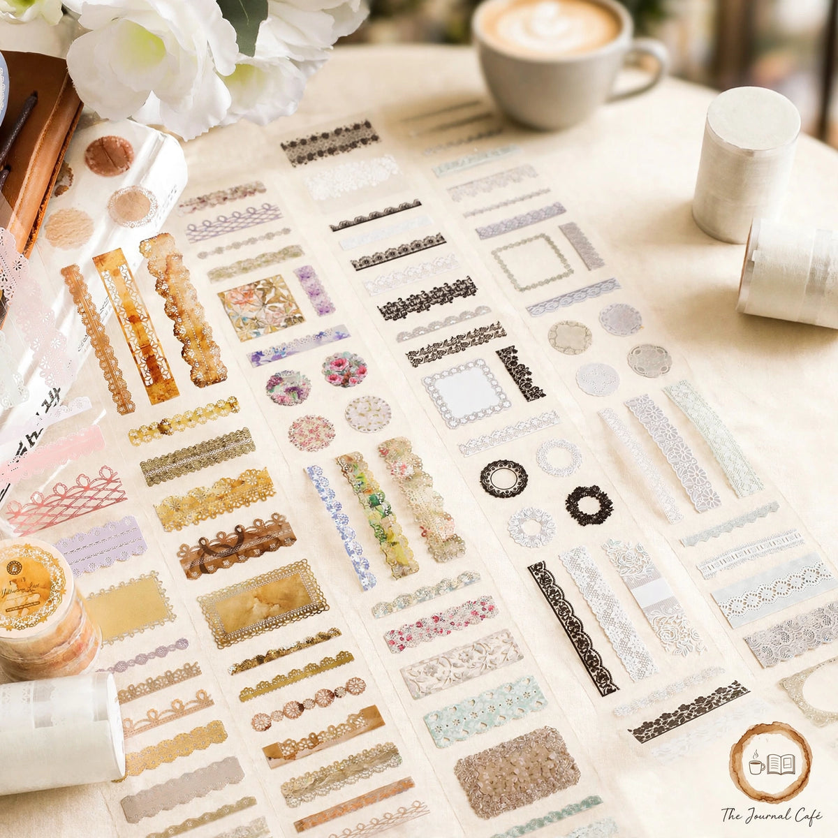 Lace PET journal tape — product photo 10 styled on a cream café table, The Journal Café
