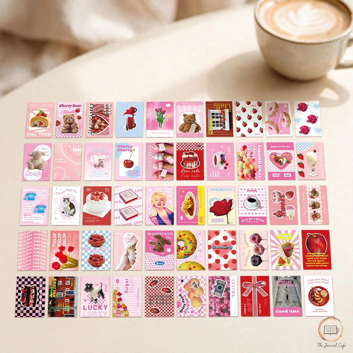 American retro mini sticker book — product photo 5 styled on a cream café table, The Journal Café
