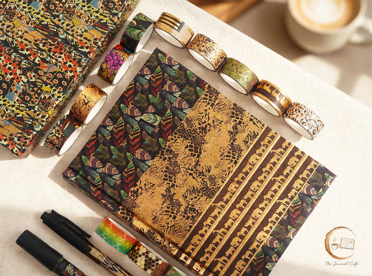 Animal washi tape set — product photo 2 styled on a cream café table, The Journal Café