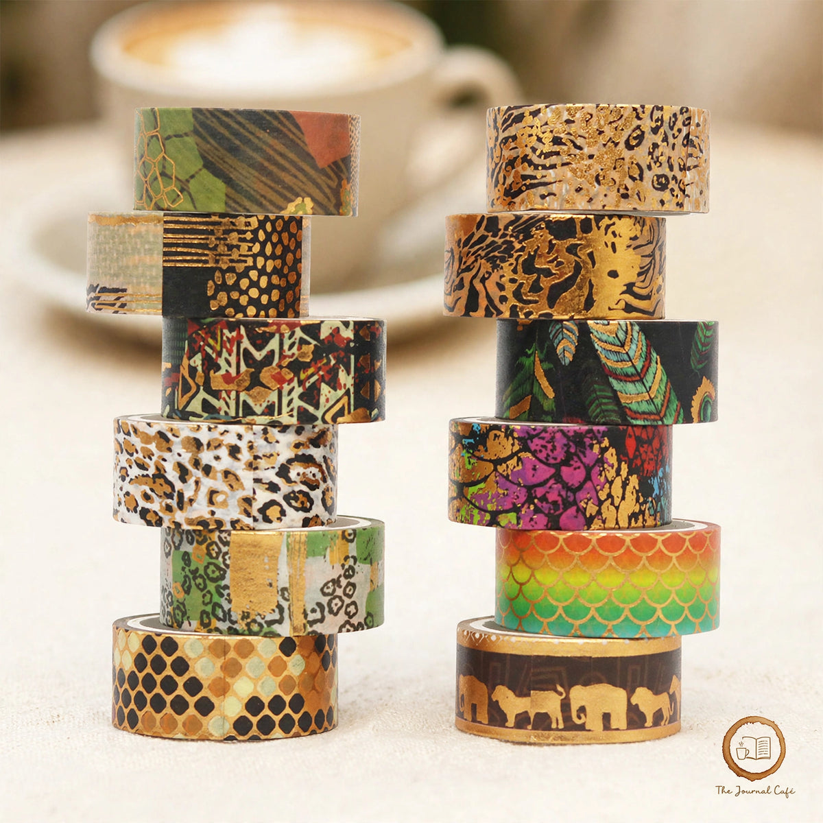 Animal washi tape set — product photo 3 styled on a cream café table, The Journal Café