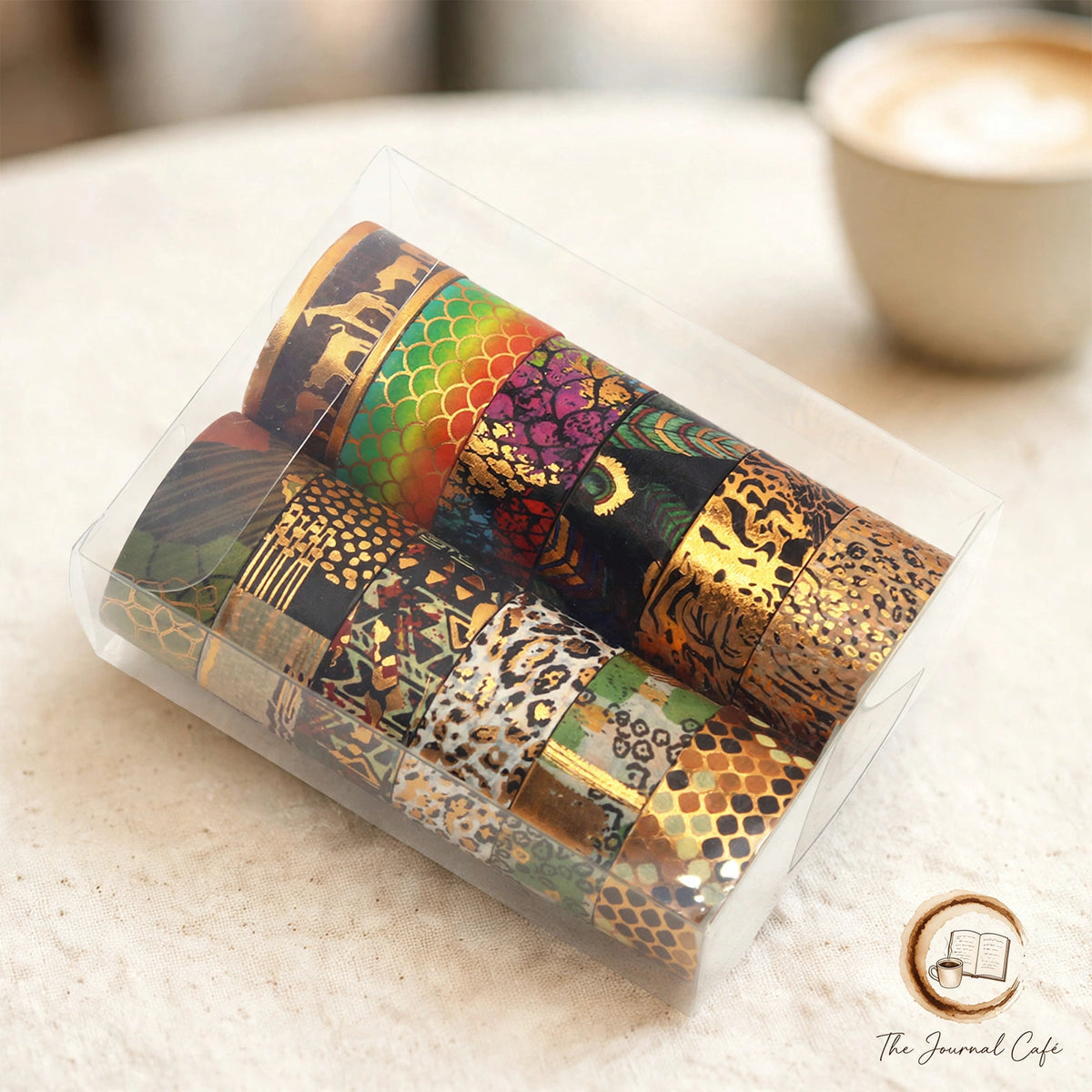 Animal washi tape set — product photo 4 styled on a cream café table, The Journal Café