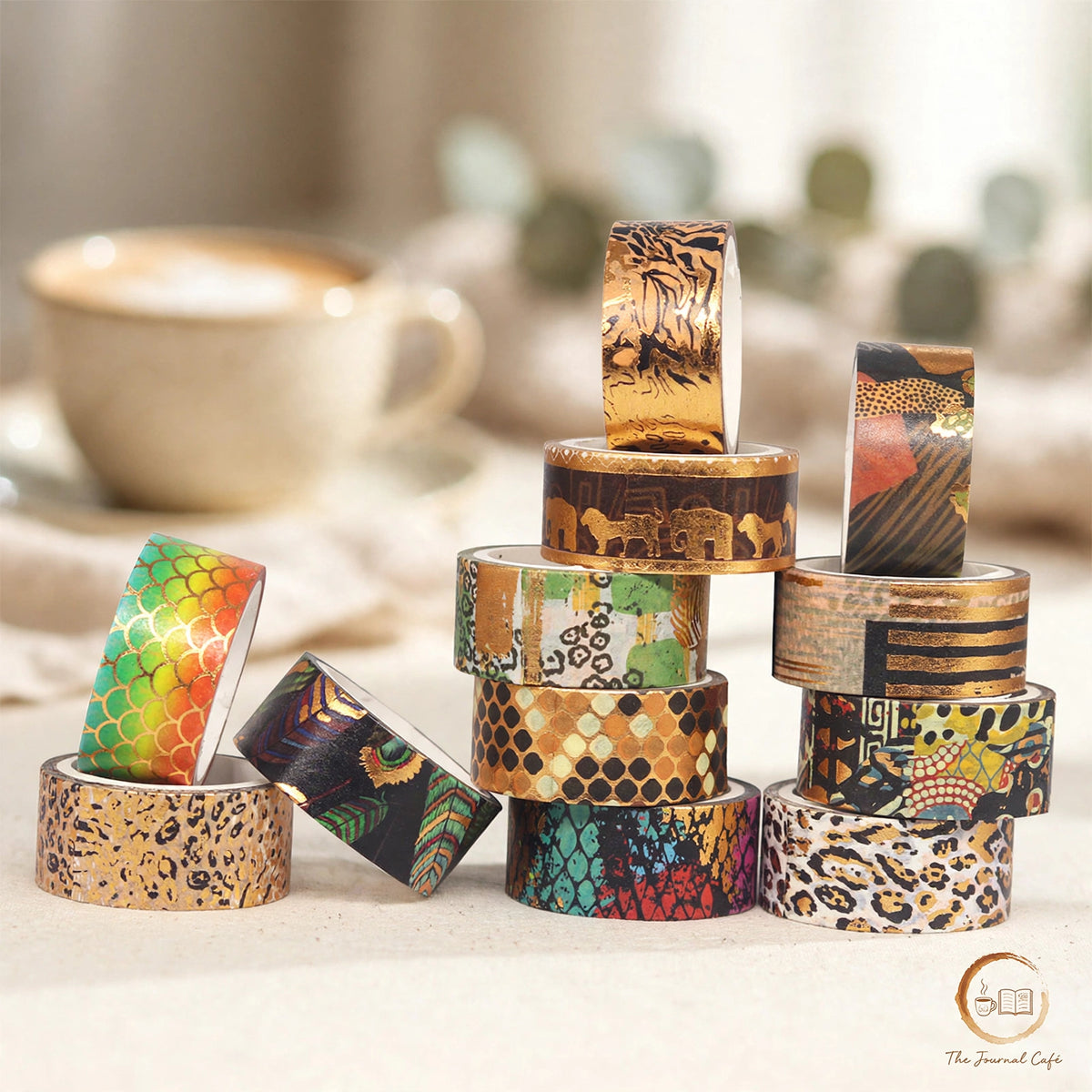 Animal washi tape set — product photo 5 styled on a cream café table, The Journal Café