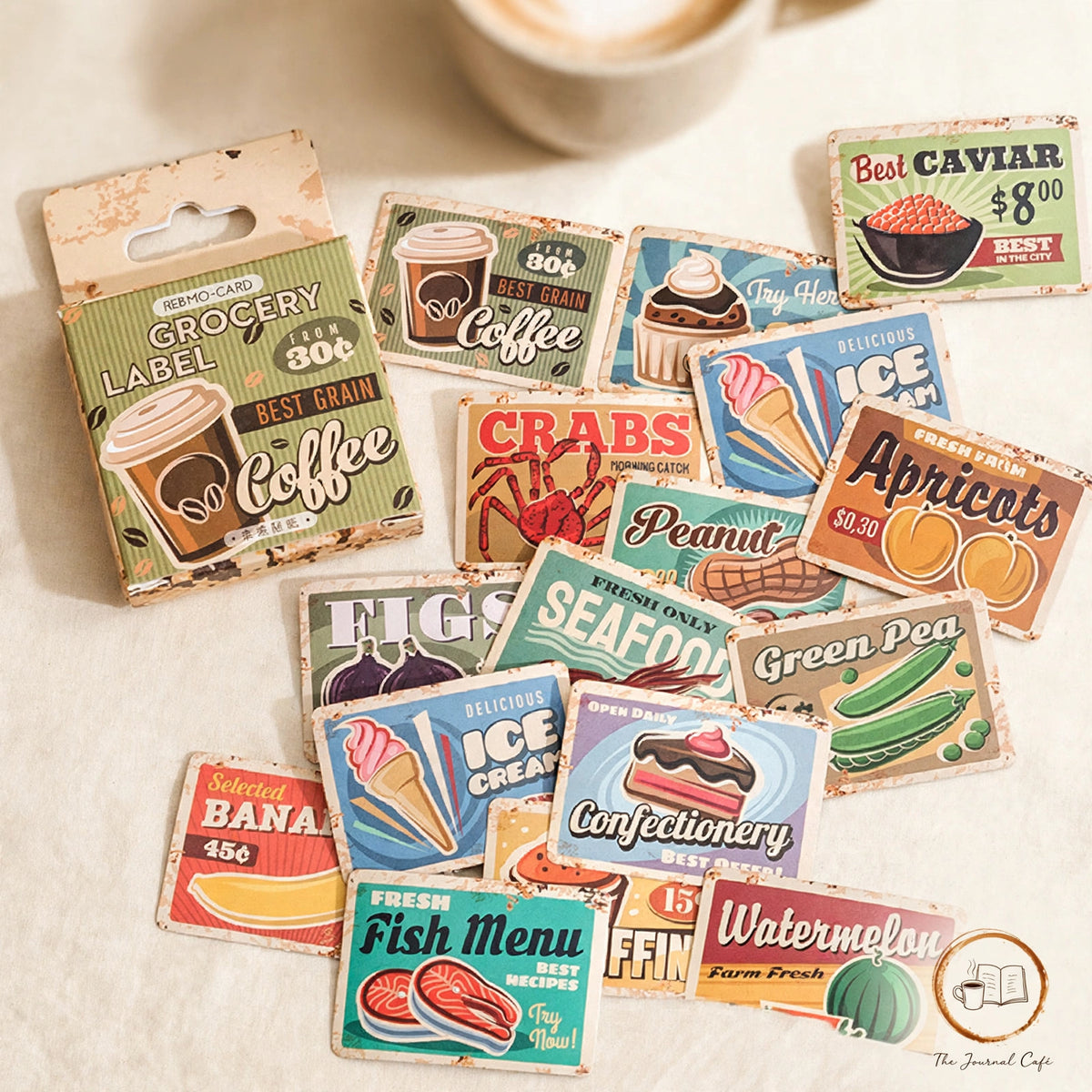 Coffee shop sticker box — product photo 2 styled on a cream café table, The Journal Café