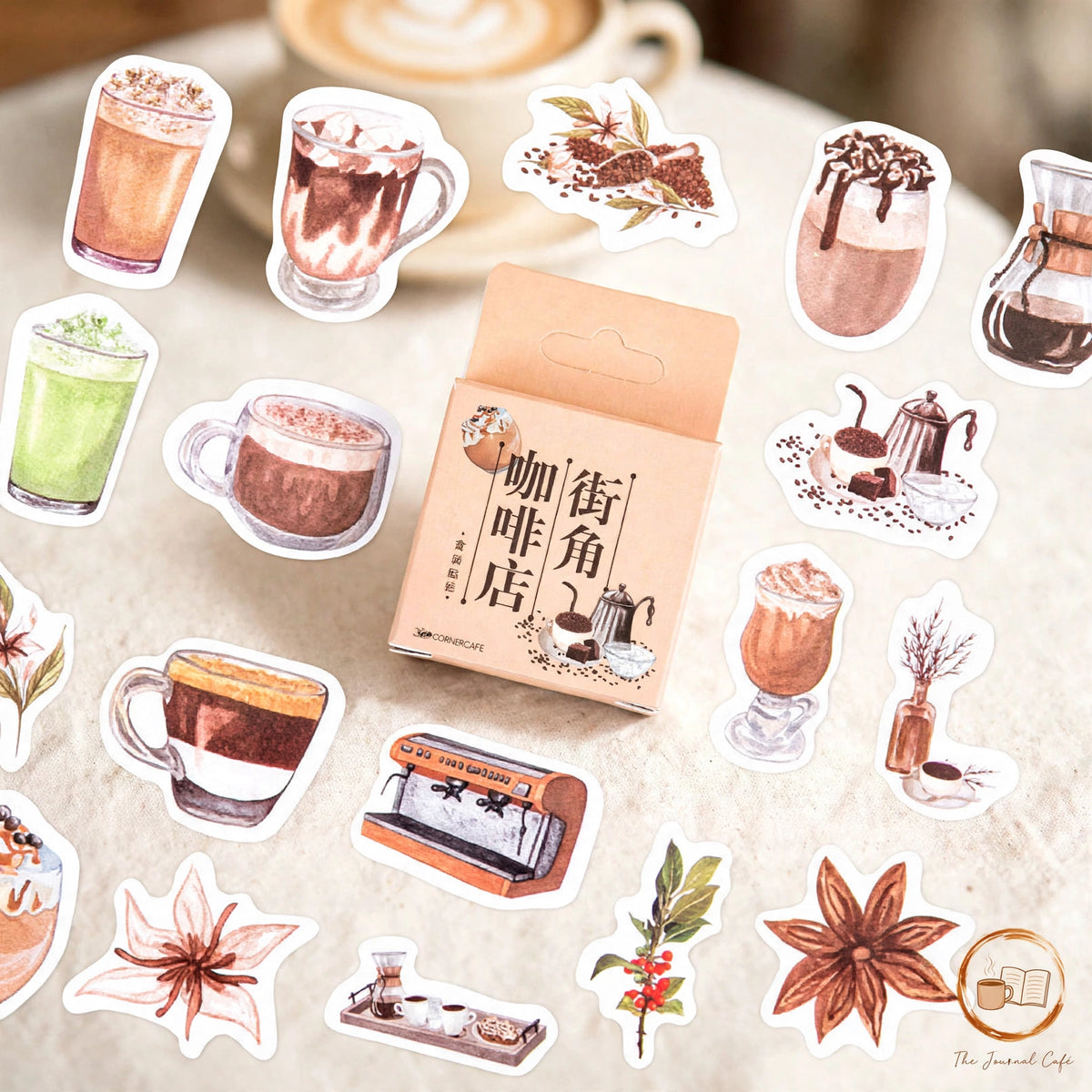 Coffee shop sticker box — product photo 3 styled on a cream café table, The Journal Café