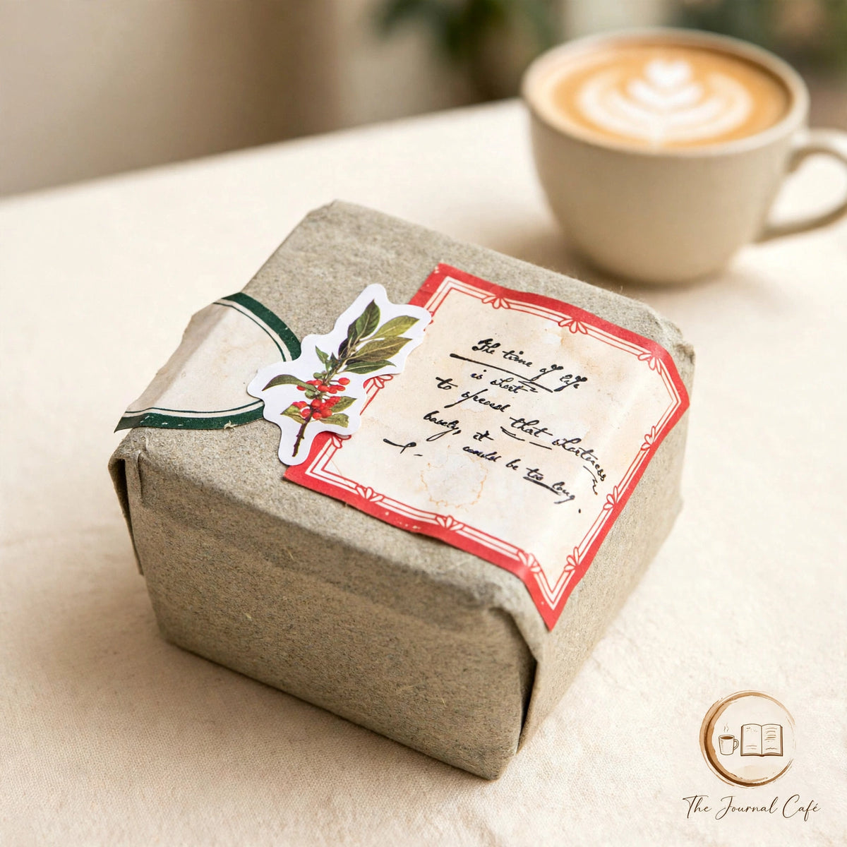 Coffee shop sticker box — product photo 5 styled on a cream café table, The Journal Café