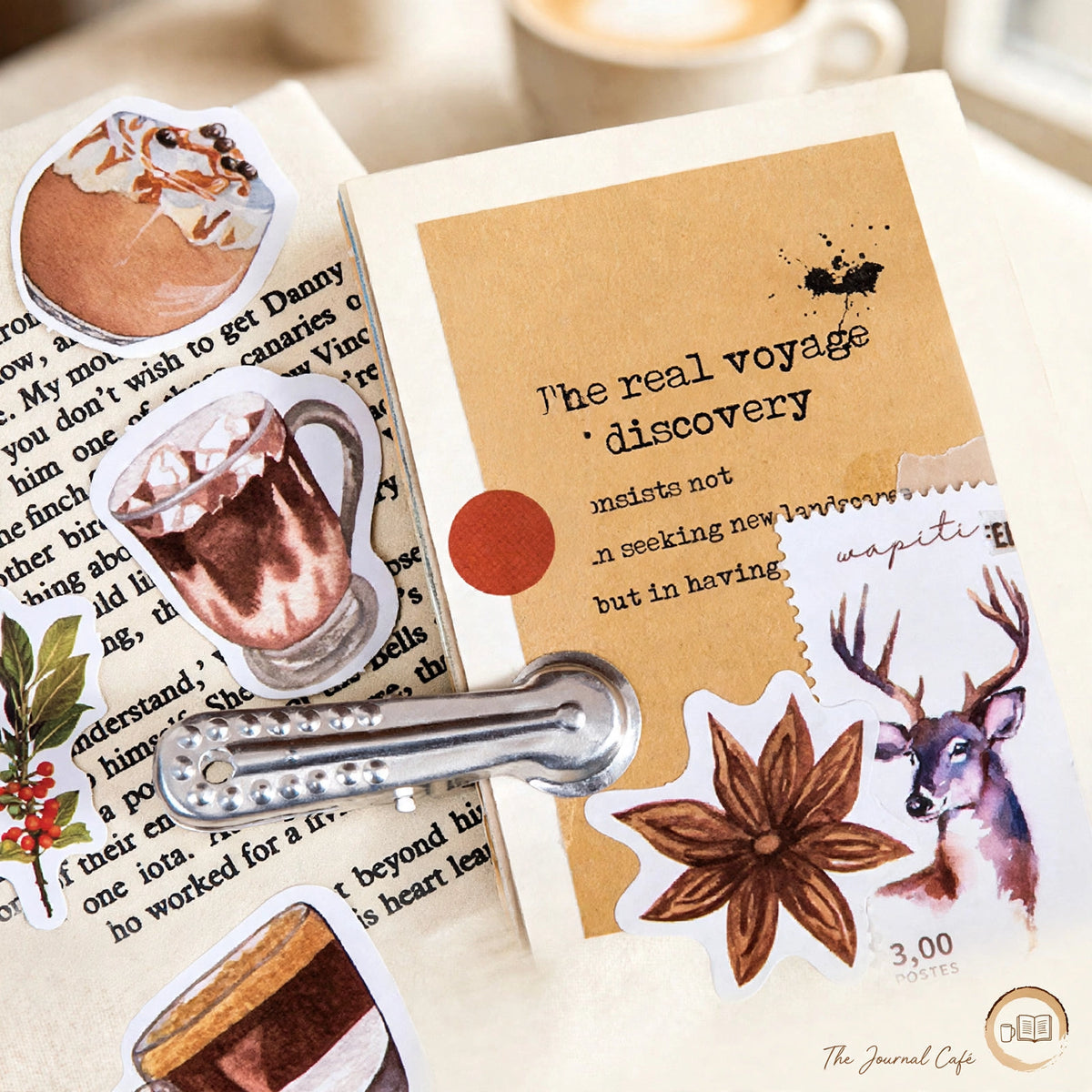 Coffee shop sticker box — product photo 6 styled on a cream café table, The Journal Café
