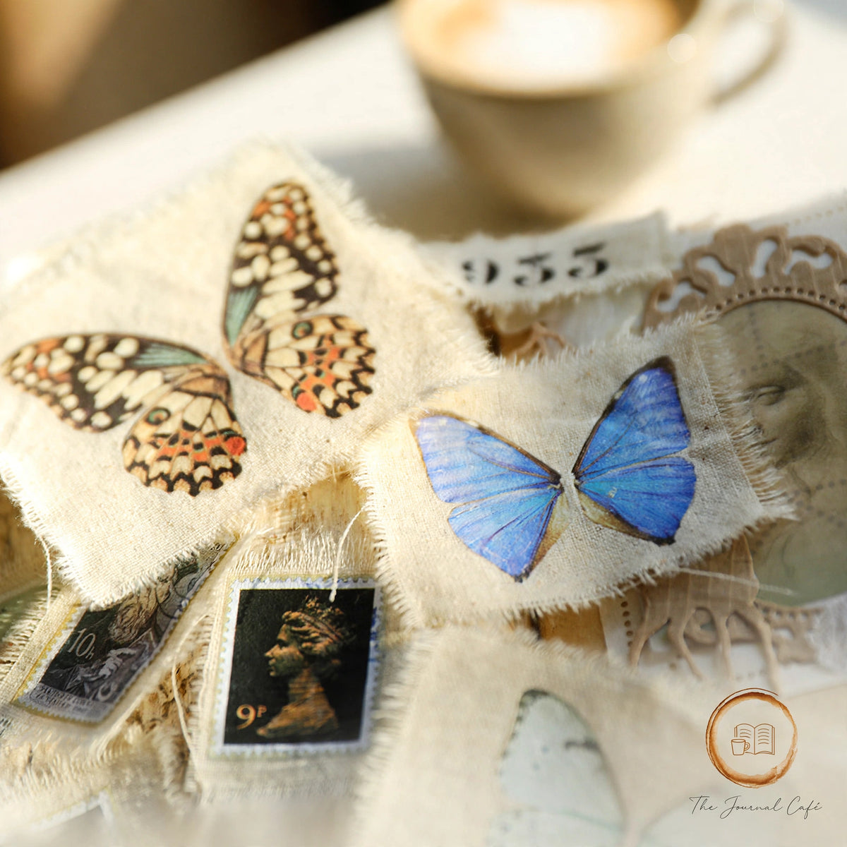 Rub on transfer stickers — product photo 5 styled on a cream café table, The Journal Café