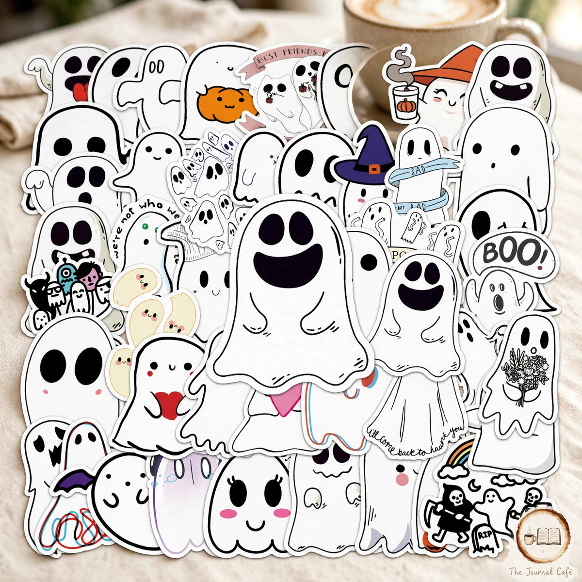 Cute Halloween ghost stickers — product photo 4 styled on a cream café table, The Journal Café