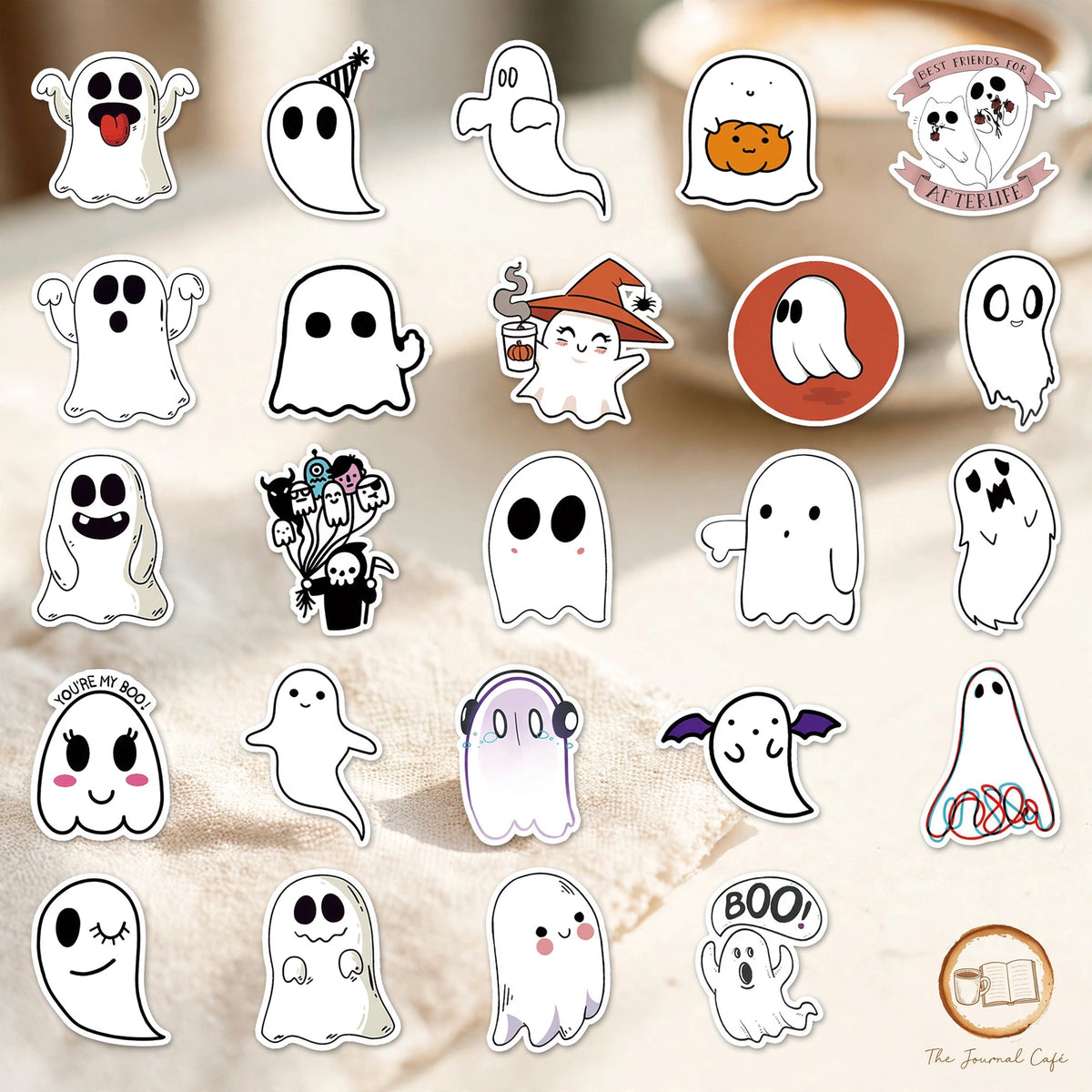 Cute Halloween ghost stickers — product photo 6 styled on a cream café table, The Journal Café