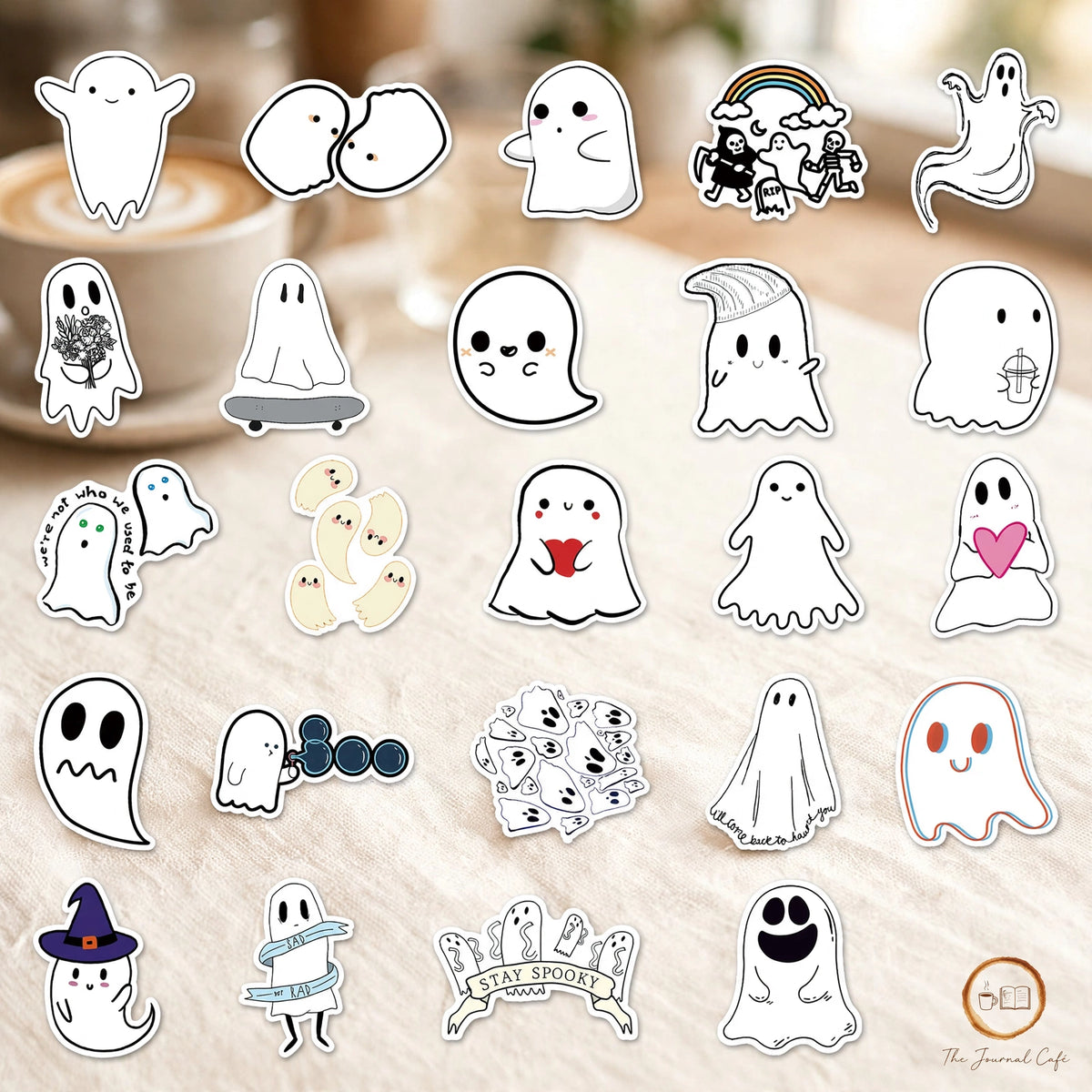 Cute Halloween ghost stickers — product photo 7 styled on a cream café table, The Journal Café