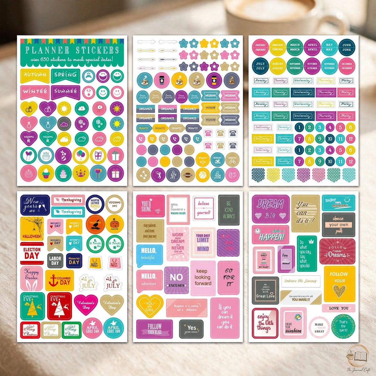 Monthly planner stickers 12 sheets — product photo 4 styled on a cream café table, The Journal Café