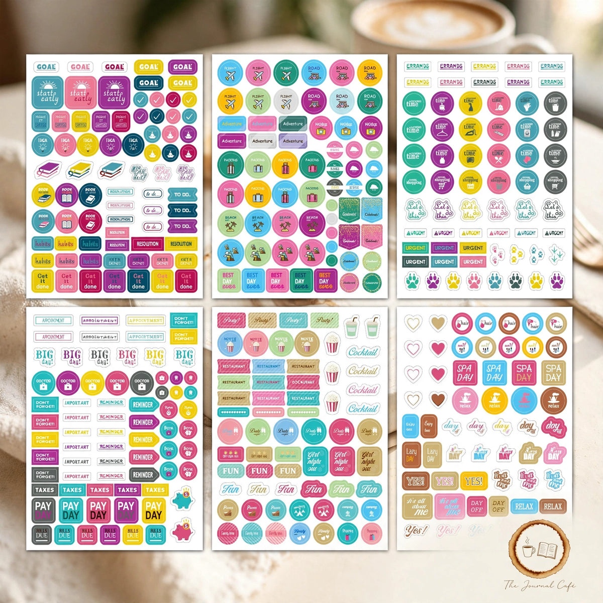 Monthly planner stickers 12 sheets — product photo 5 styled on a cream café table, The Journal Café
