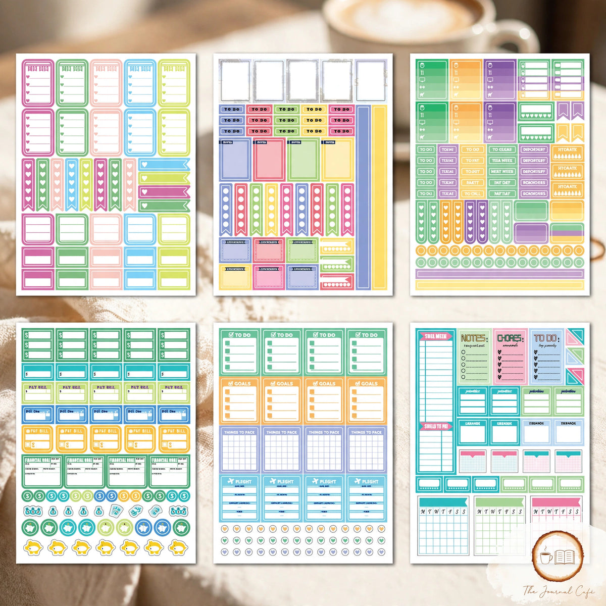 Monthly planner stickers 12 sheets — product photo 7 styled on a cream café table, The Journal Café