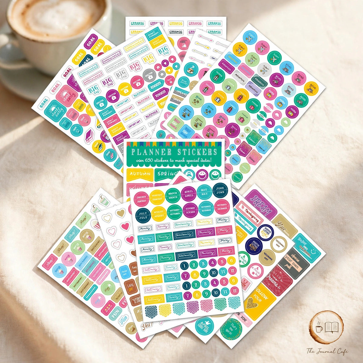 Monthly planner stickers 12 sheets — product photo 8 styled on a cream café table, The Journal Café