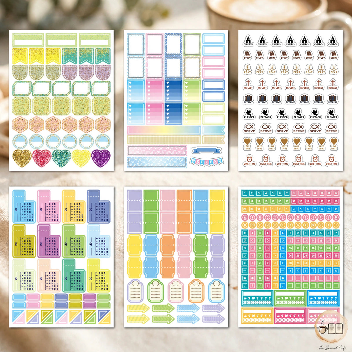 Monthly planner stickers 12 sheets — product photo 9 styled on a cream café table, The Journal Café