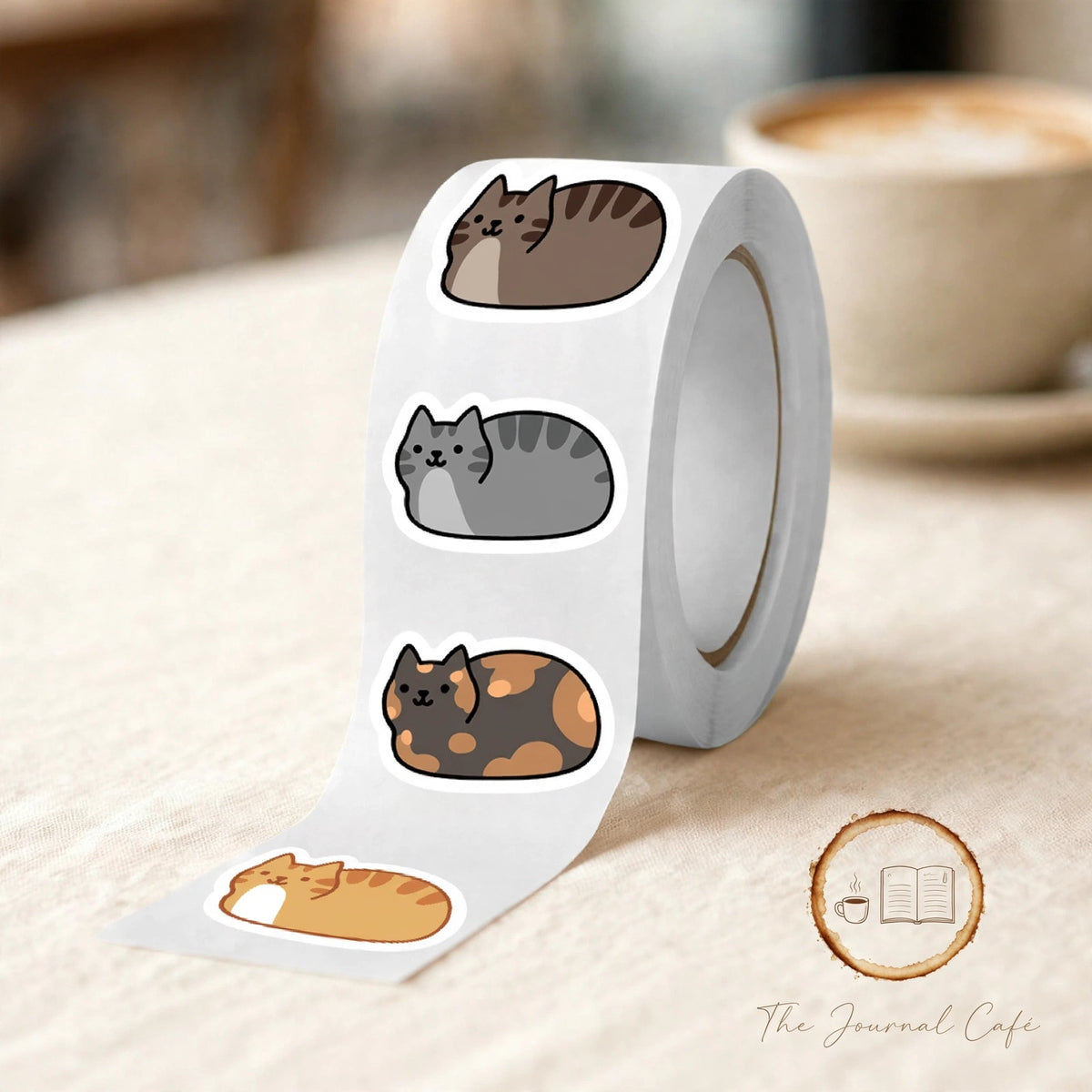 Personality cat stickers — product photo 3 styled on a cream café table, The Journal Café