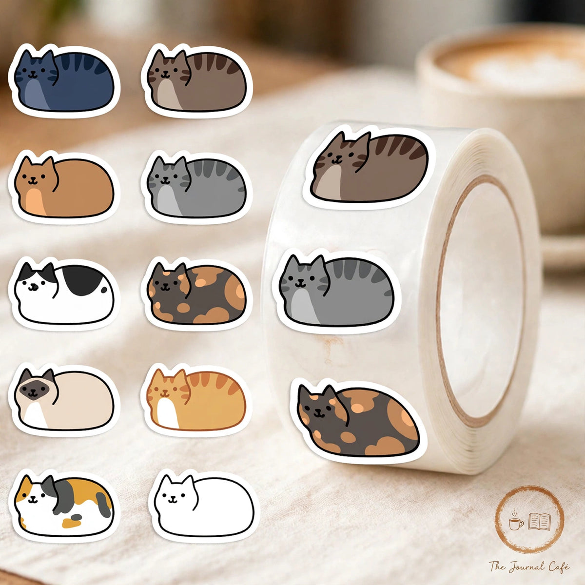 Personality cat stickers — product photo 4 styled on a cream café table, The Journal Café