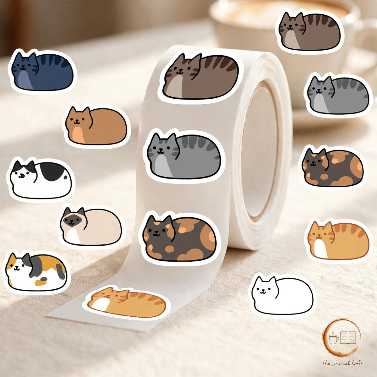 Personality cat stickers — product photo 6 styled on a cream café table, The Journal Café