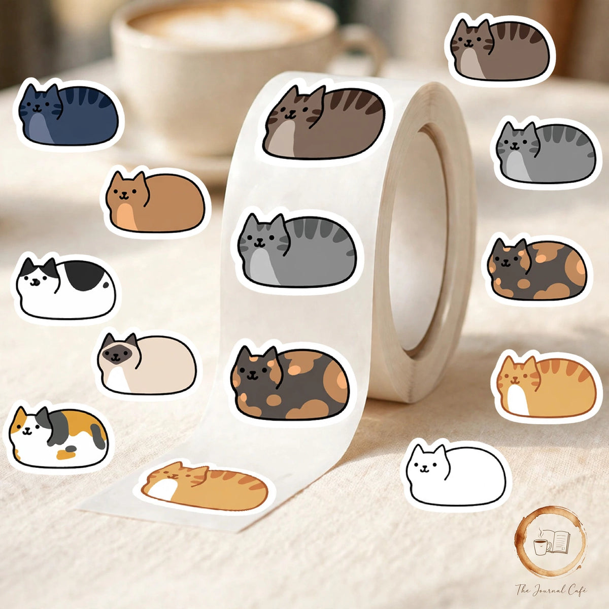 Personality cat stickers — product photo 7 styled on a cream café table, The Journal Café