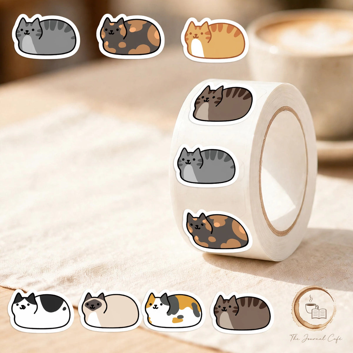 Personality cat stickers — product photo 8 styled on a cream café table, The Journal Café