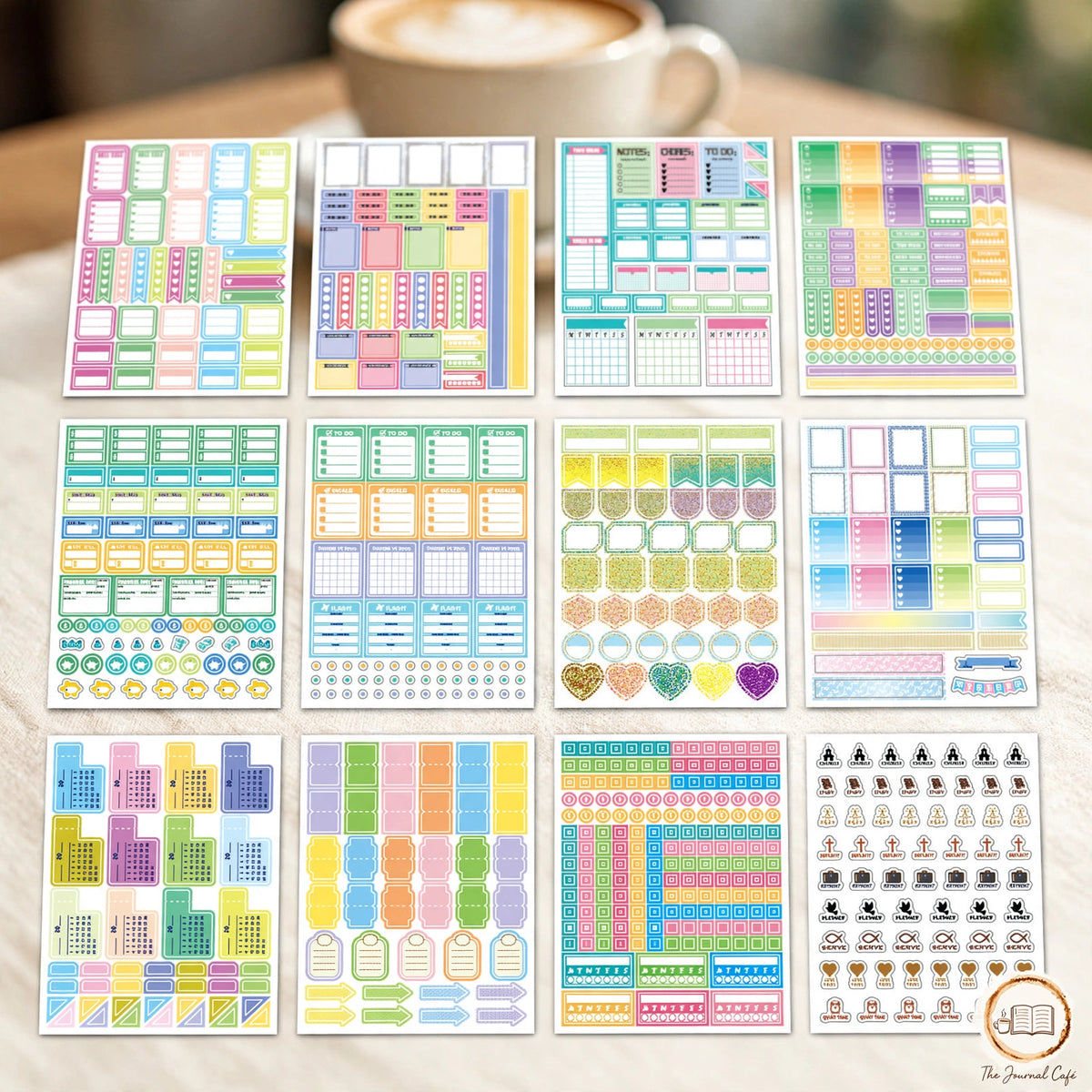 New Year calendar plan stickers — product photo 2 styled on a cream café table, The Journal Café