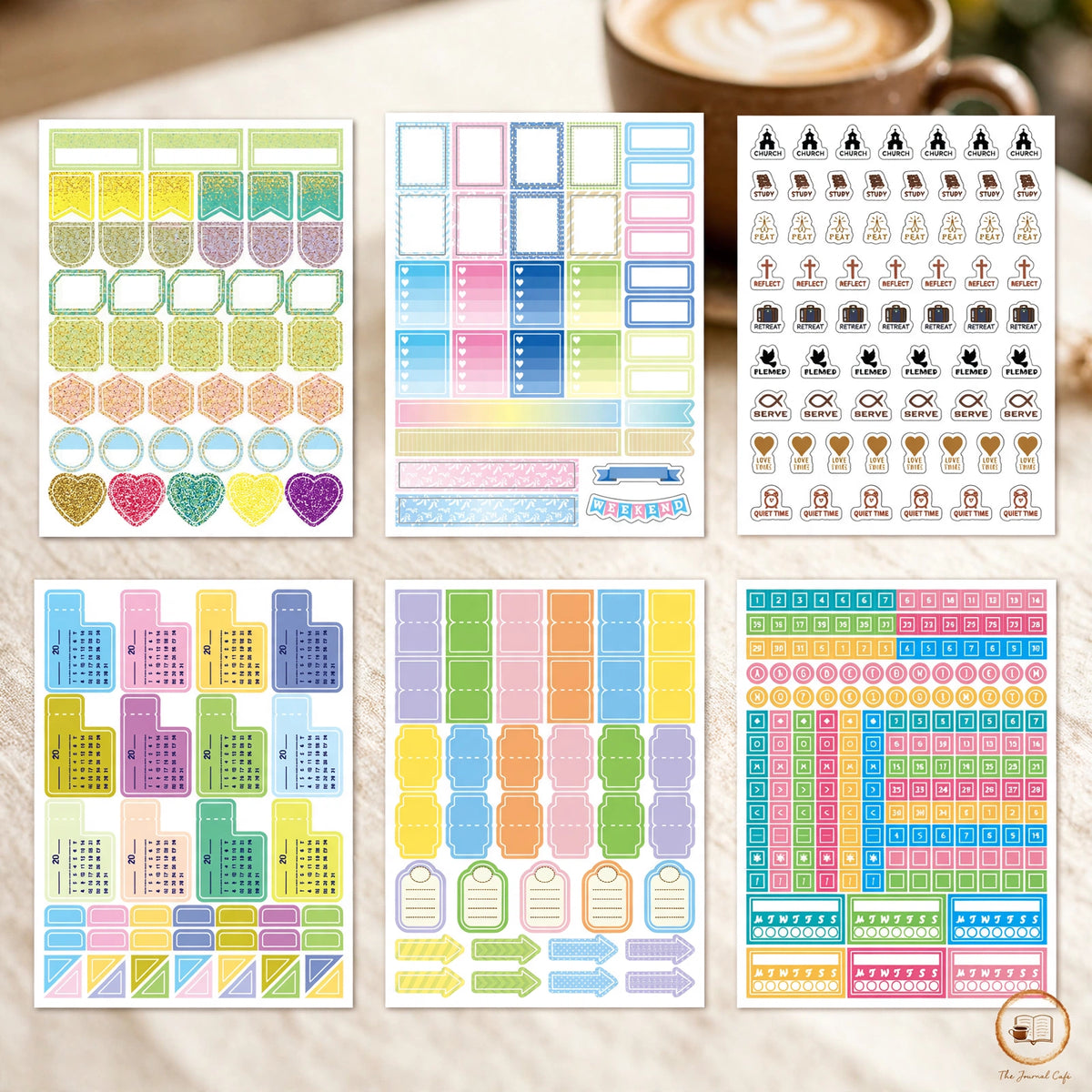 New Year calendar plan stickers — product photo 3 styled on a cream café table, The Journal Café